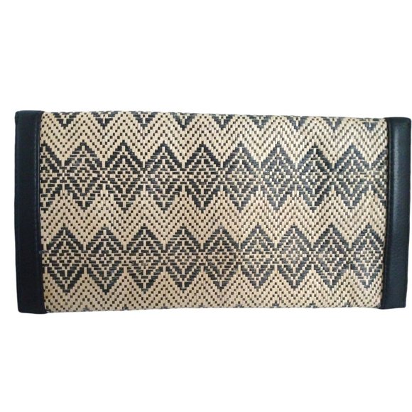 Banana Republic Grass Weave Black Leather Trim Clutch Wallet Envelope Purse 12" - Picture 3 of 12